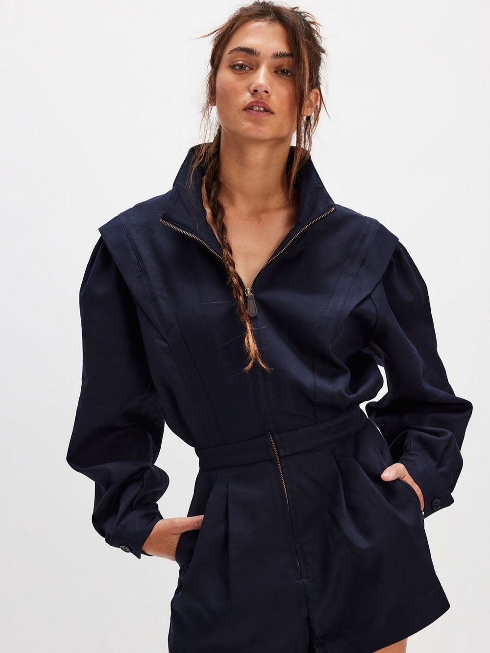 Ronny Kobo Navy Structured Romper with Gold Zip
